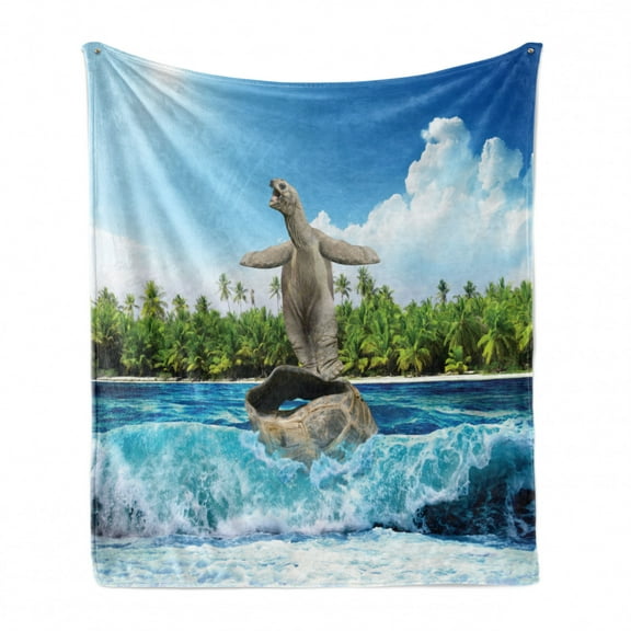 Animal Soft Flannel Fleece Blanket, Naked Turtle left its Big Shell Surfing on its Home on the Ocean Sunny Beach Print, Cozy Plush for Indoor and Outdoor Use, 50" x 70", Multicolor, by Ambesonne