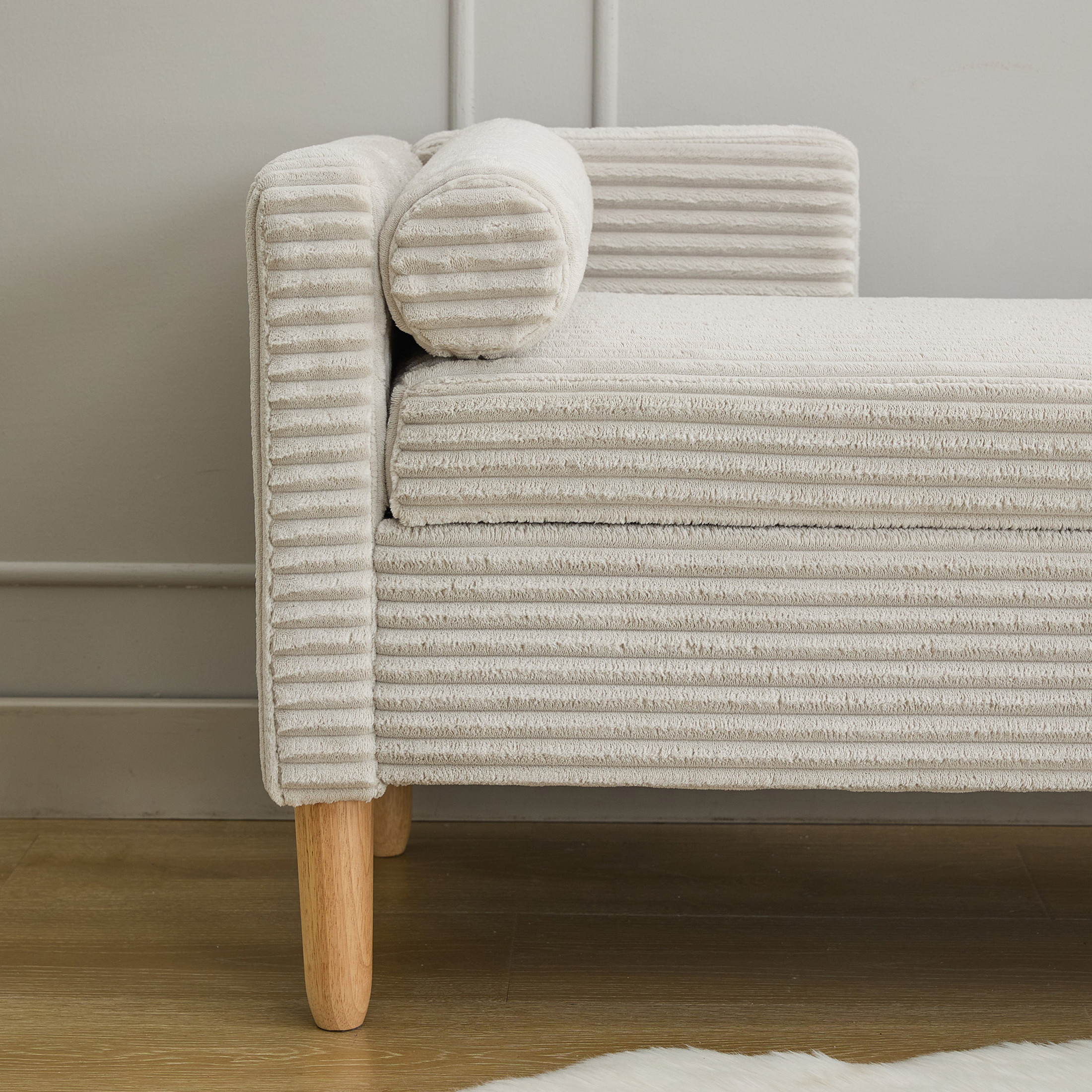 Noble House Delphine 65" Corduroy Storage Bench, Upholstered Seat with Bolster Pillows for Bedroom, Entryway, Light Gray
