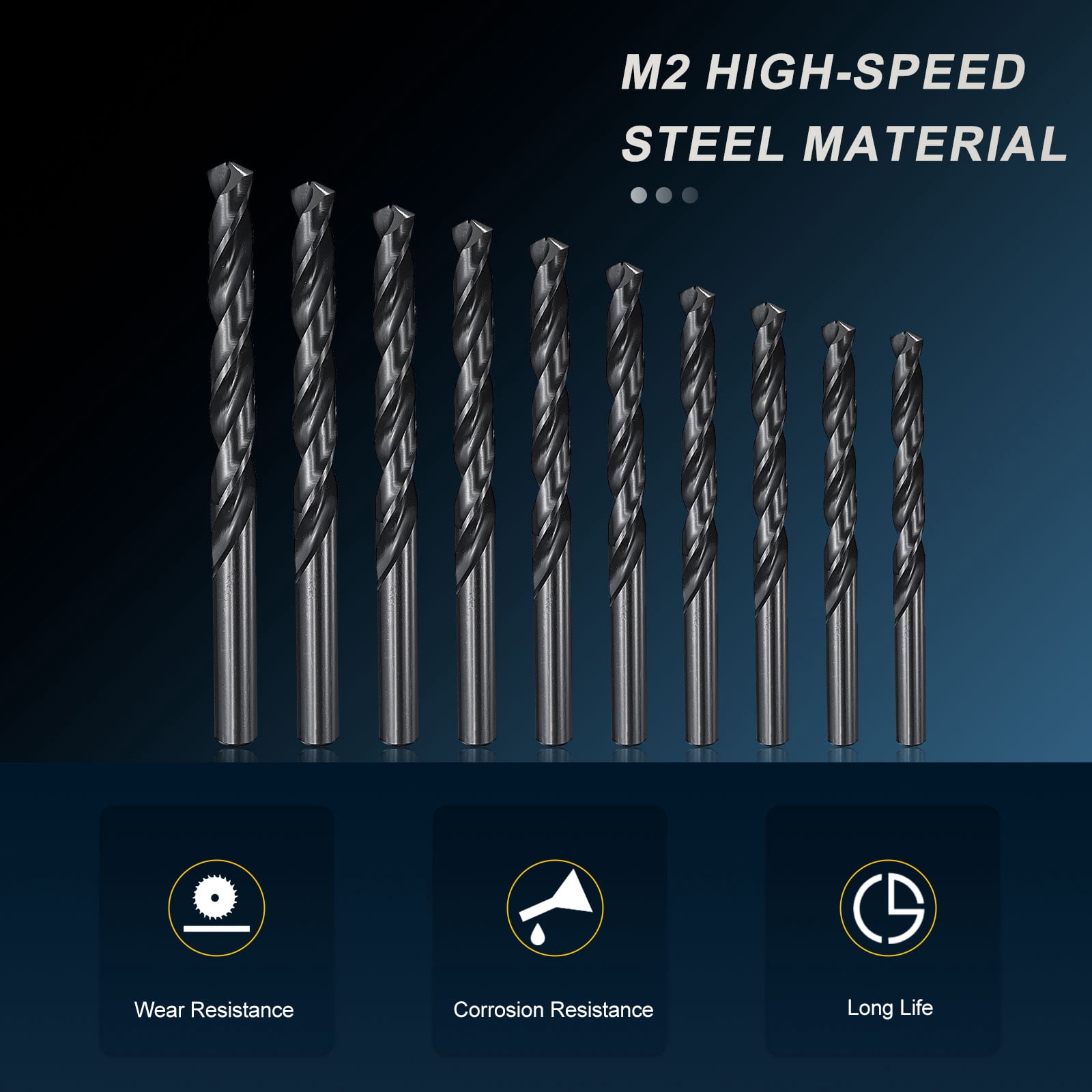3mm-12mm Drill Bit Set, Jobber Straight Shank Bits Kit M2 High-Speed Steel for Metal Steel Wood 135 Degree Split Point Black Oxide Finish - 10 Pack