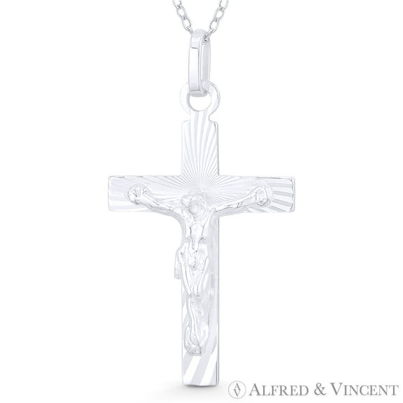 Jesus on Radiant Crucifix Catholic Christian Cross Pendant w/ Chain Necklace in .925 Sterling Silver