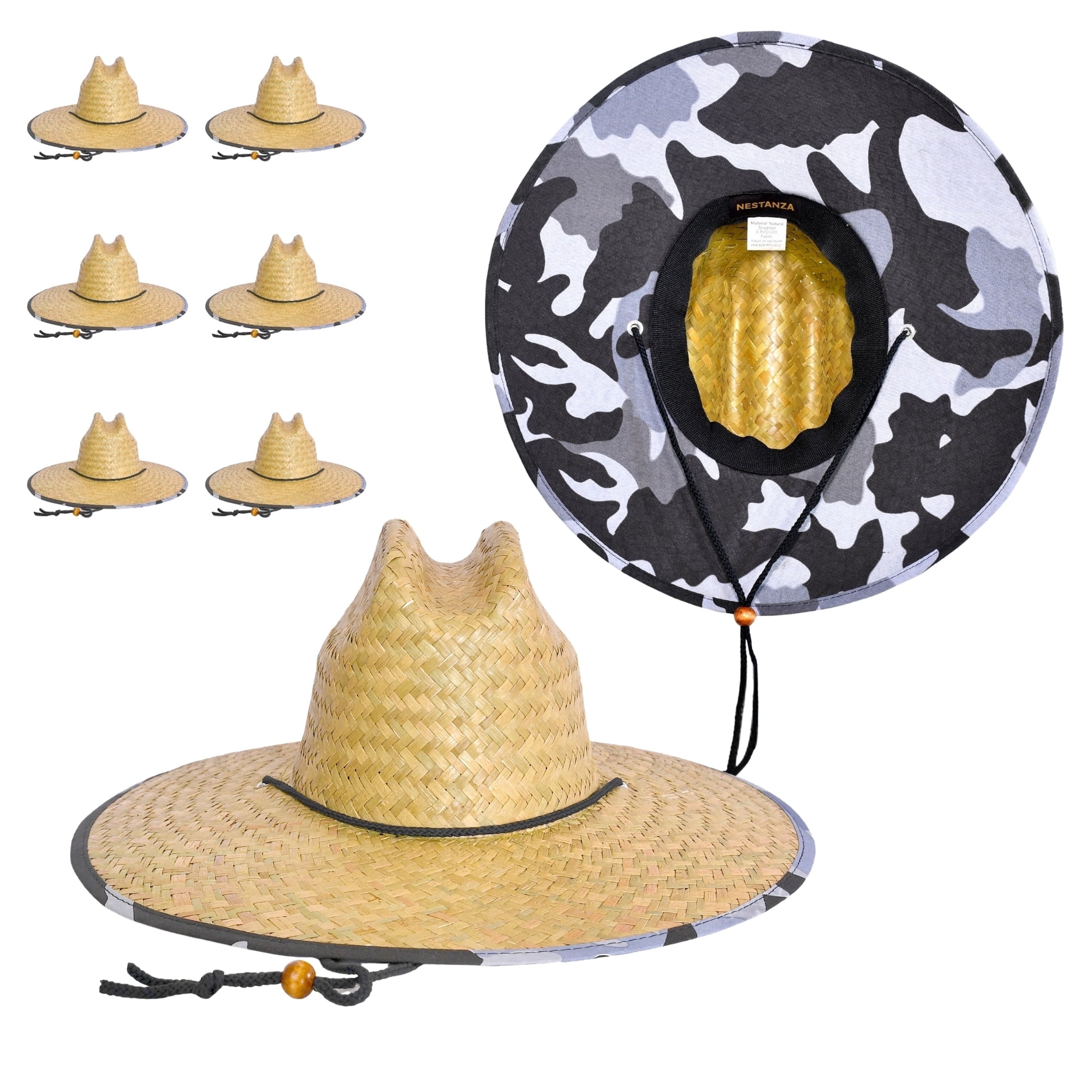 NESTANZA 6 Pack Straw Hats for Men and Women, Camo Lifeguard Straw Hat, Wide Brim Straw Sun Hats for Beach Fishing Gardening Outdoor Work