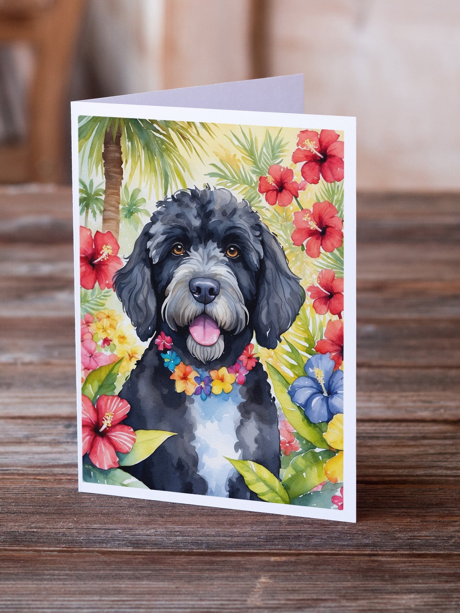 Portuguese Water Dog Luau Greeting Cards Pack of 8 7 in x 5 in