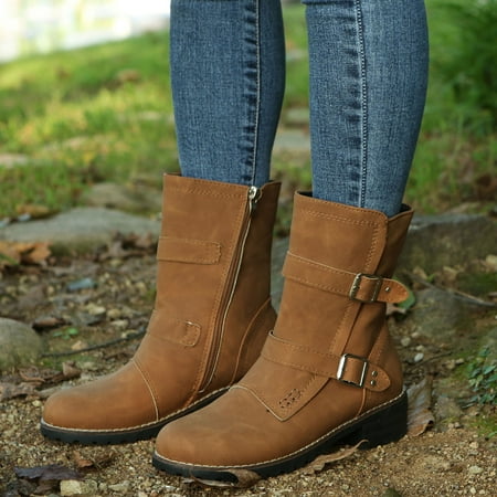 

TALKVE Middle Booties Strap Heels Color Round Solid Women Shoes Toe Retro Buckle Women s Boots