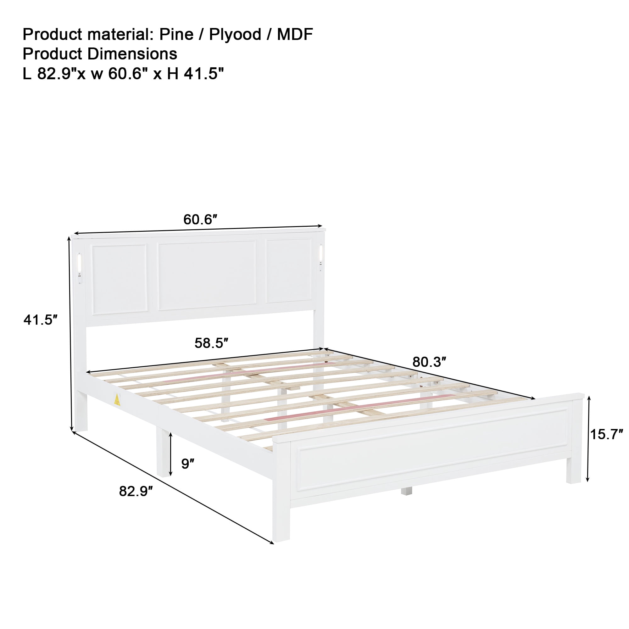 PORKISS Queen Size Platform Bed Frame with LED Lights, USB Charging Station, Solid Wood Queen Bed Frame with Headboard, Wooden Slat Support for Bedroom, White
