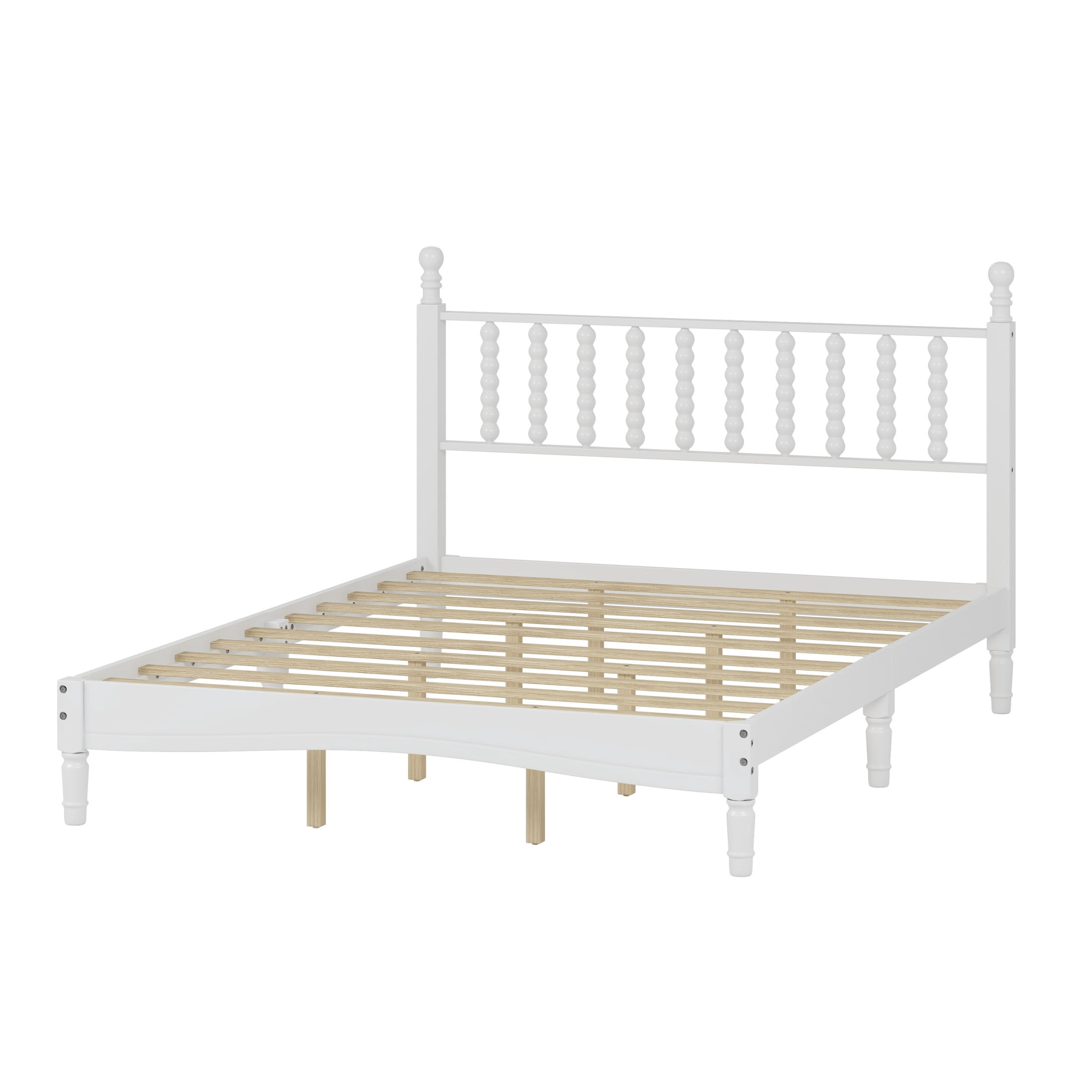 Aukfa Retro Queen Size Bed Frame with Gourd Shaped Headboard, Wood Platform Bed, White