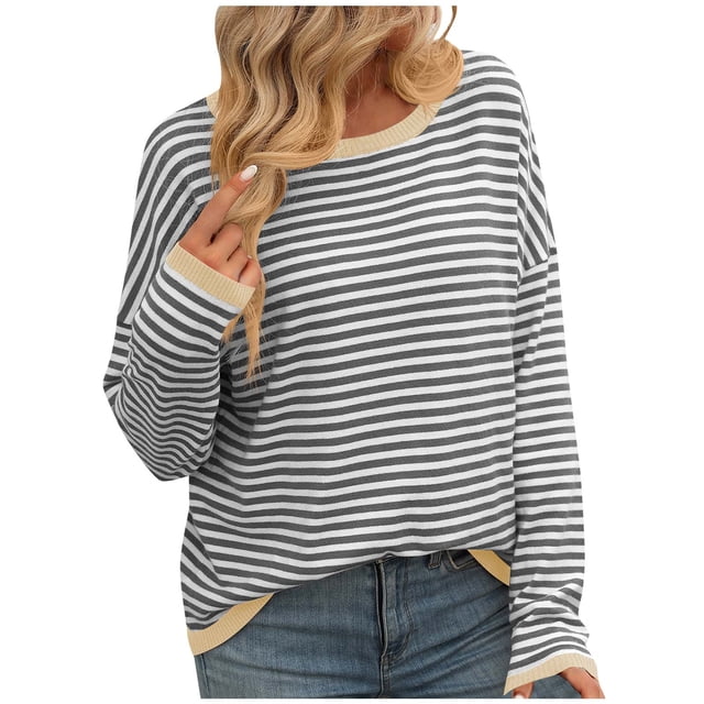 Timegard Womens Sweaters Long Sleeve Drop Shoulder Shirt Fall Outfits 2024 Crew Neck Striped Pullover Tops