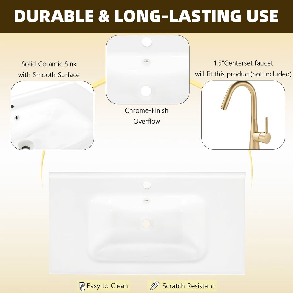 WGYPRIME 35.6" Mid-Century Bathroom Vanity with Sink, Farmhouse Bathroom Storage Cabinet with Glass Doors & Motion-sensor Light Strip, Freestanding Single Sink Bathroom Vanity Combo