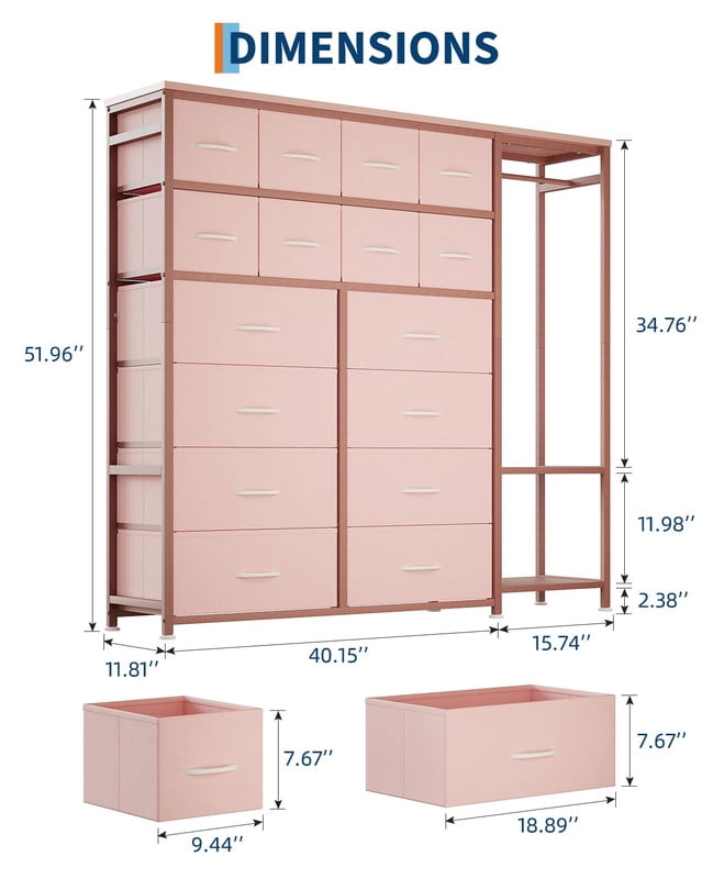 TROPOW Tall Dresser for Bedroom with 16 Drawers & Clothes Rack & 2 Storage Shelves, Fabric Dressers & Chests of Drawers, Large Closet Dresser for Storage and Organization