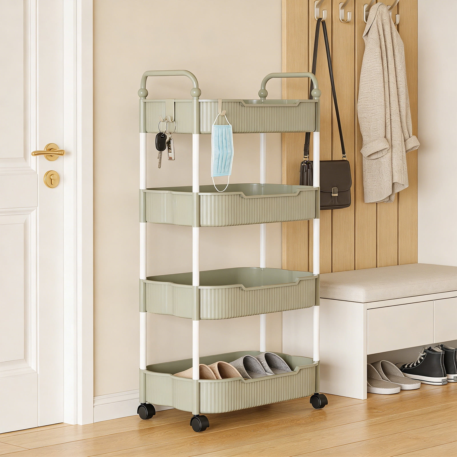 4-Tier Rolling Utility Cart, Multifunctional Storage Organizer with Plastic Shelf & Metal Wheel, Storage Cart for Kitchen, Bathroom, Living Room, Office
