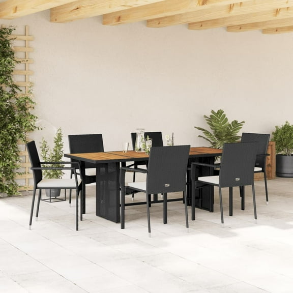 vidaXL 7 Piece Patio Dining Set with Cushions Black Poly Rattan