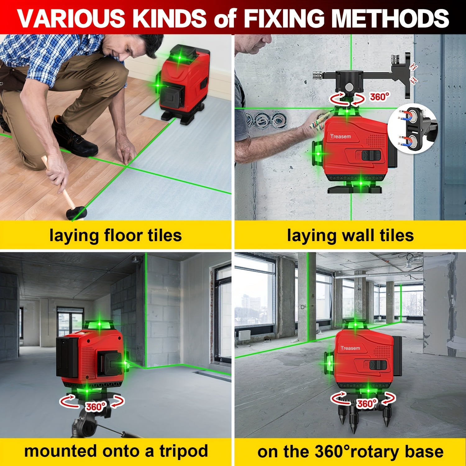 4x360 Laser Level, 82ft/25m, ±1mm/7m Precision, With Self-leveling and Manual Mode, including Magnetic Bracket, Remote Controller and 2 Lithium Rechargeable Battery