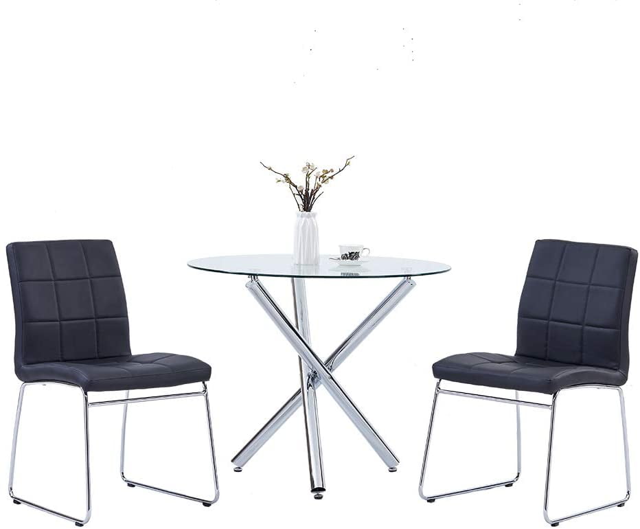 Omni House 3 Piece Dining Table Set Glass Round Kitchen And 2 Faux Leather Chairs Black Color Of Com Kitchen Table And 2 Faux Leather Chairs, Round Dining Table For 2 Set