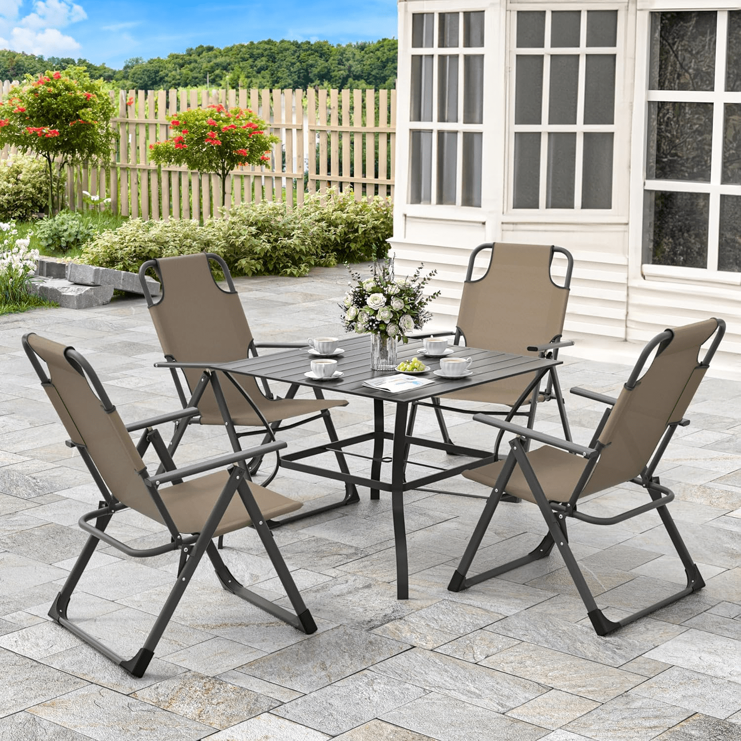 Amopatio Outdoor Folding Patio Sling Chairs Set of 2, Heavy Duty Adjustable Recliner, Folding Chairs for Outdoor Camping Garden, Support 300LB
