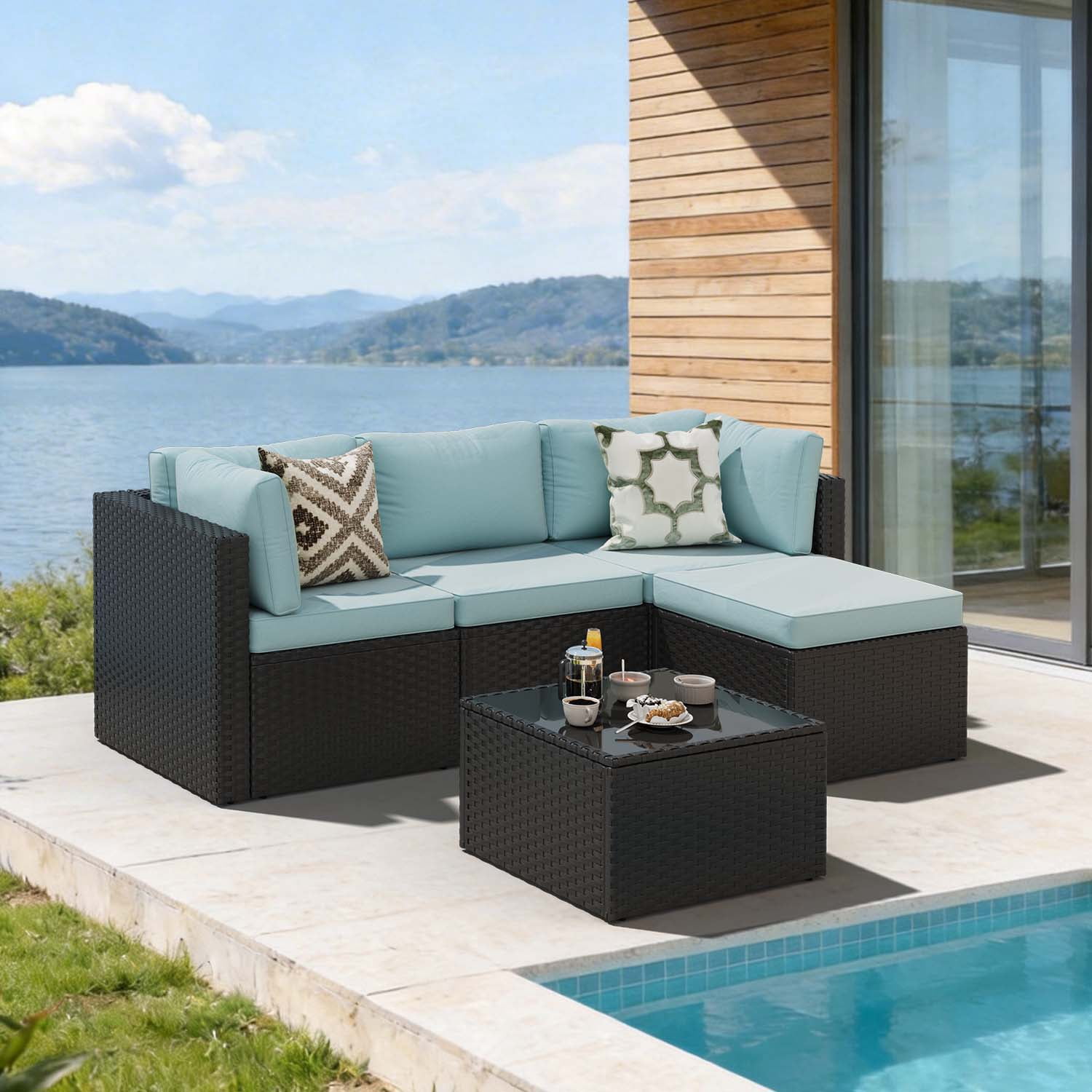BaPiPro Modular Outdoor Wicker Patio Furniture Set with Tempered Glass Coffee Table & Removable All-Weather Cushions for Backyard, Poolside & Balcony Light Blue