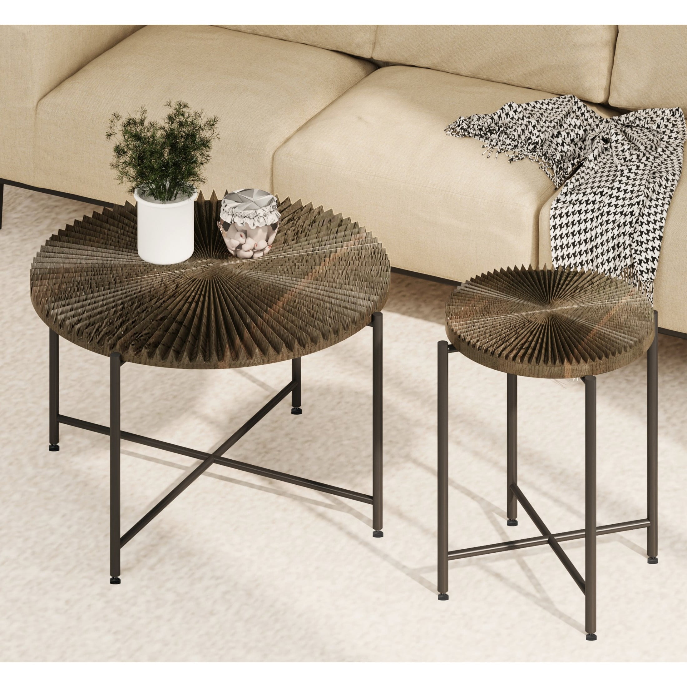GDF Studio 2-Piece Rustic Coffee and End Table Set, Radial Pattern Tabletops, Black Metal Legs, Walnut Brown