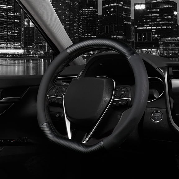 D Shape Steering Wheel Cover, Premium Leather Car Steering Wheel Protector Sport Carbon Fiber Design, Non-Slip Breathable, Universal Fit 15 Inch Car Auto SUV Flat Bottom Steering Wheels, Matt Black