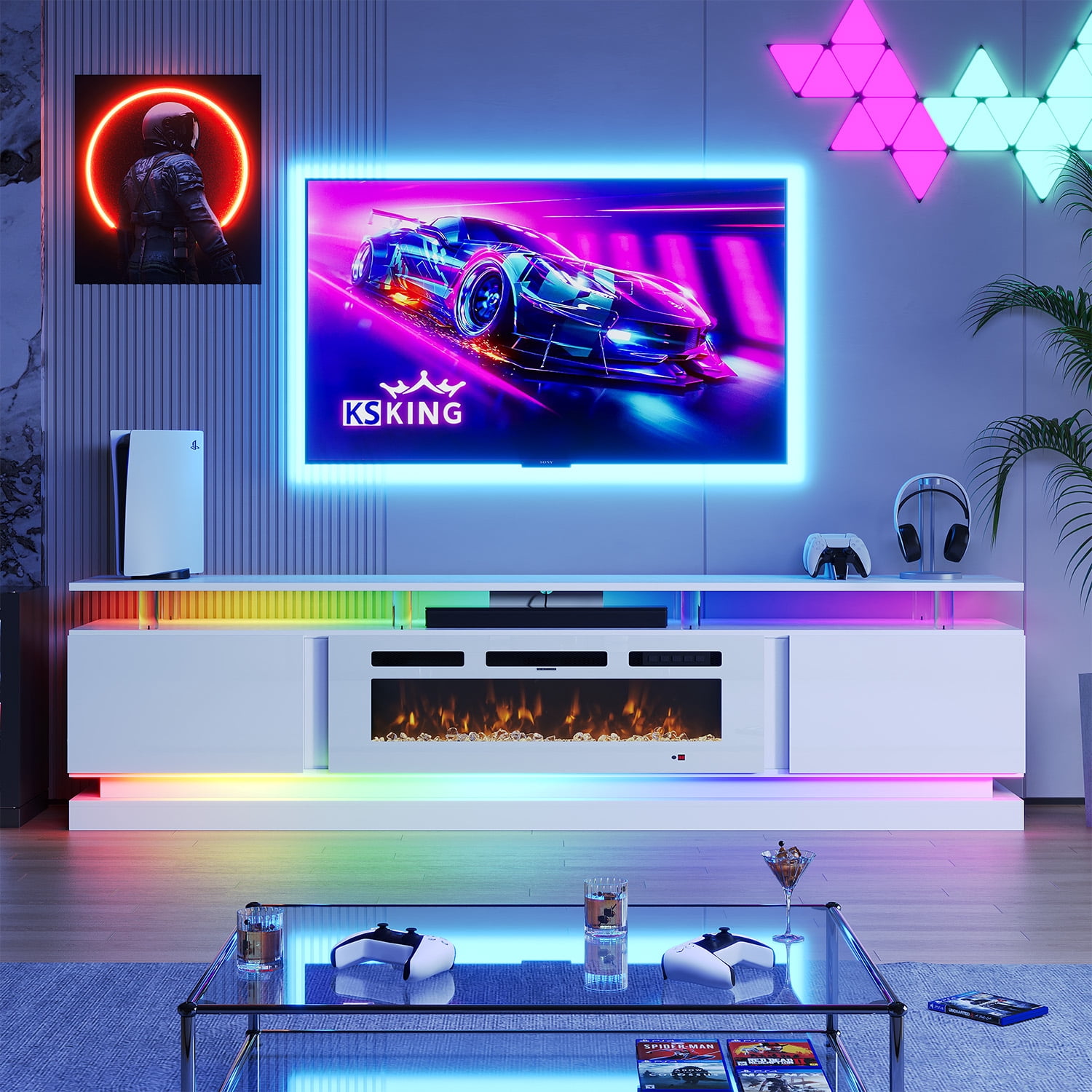 BaPiPro 80" Fireplace TV Stand for TVs up to 90", Large Modern Entertainment Center, White TV Console with 36" Electric Fireplace & LED Lights, White Fireplace