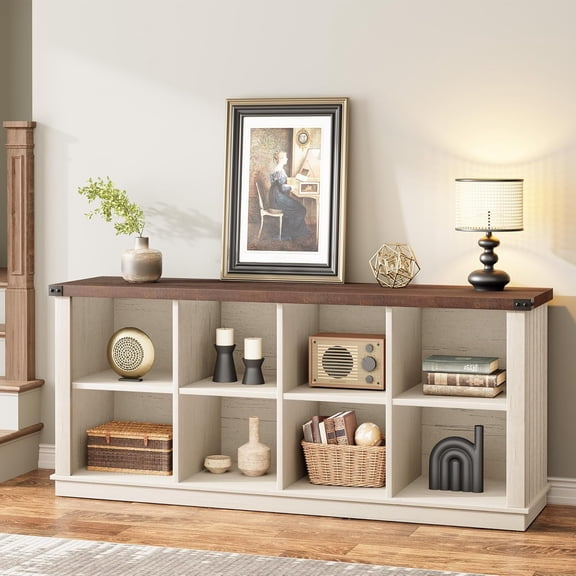 62" 8-Cube Storage Organizer – Farmhouse Horizontal Wooden Bookshelf, Long Low Bookcase for Entryway or Living Room, Freestanding Storage Shelf, White