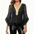 thumbnail image 2 of Aobny Christmas Tshirts Sequin Ruffle Sleeve Women Tops V-Neck Pullover 3/4 Sleeve Black Womens Shirt,XL, 2 of 9