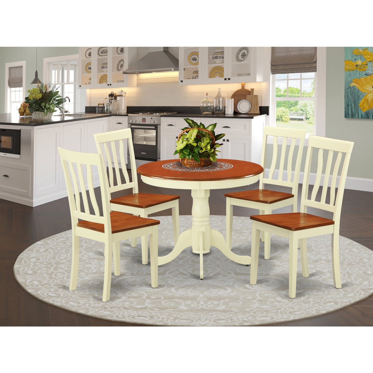 Dining Set - With 4 Wooden Chairs-Finish:Buttermilk & Cherry,Number of