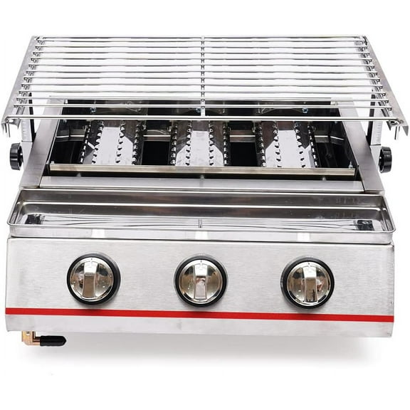 Commercial Gas LPG Grill 3 Burners Smokeless Indoor Gas Grill Barbecue Griddle w/Separate Switch Oil Catching Pan & Food Pan for Backyard, Garden, Courtyard, Terrace