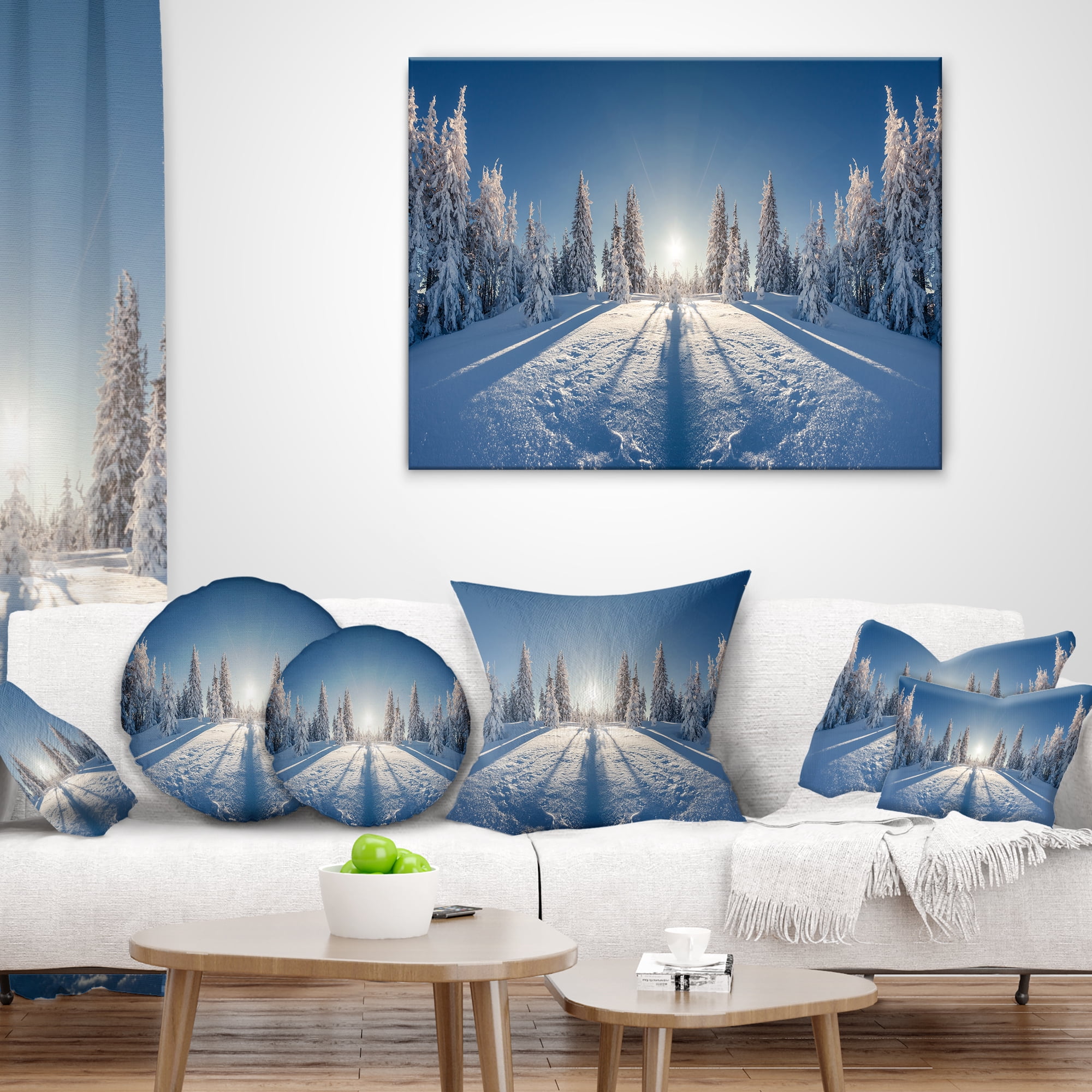 Designart Majestic White Winter Landscape - Landscape Printed Throw Pillow - 12x20