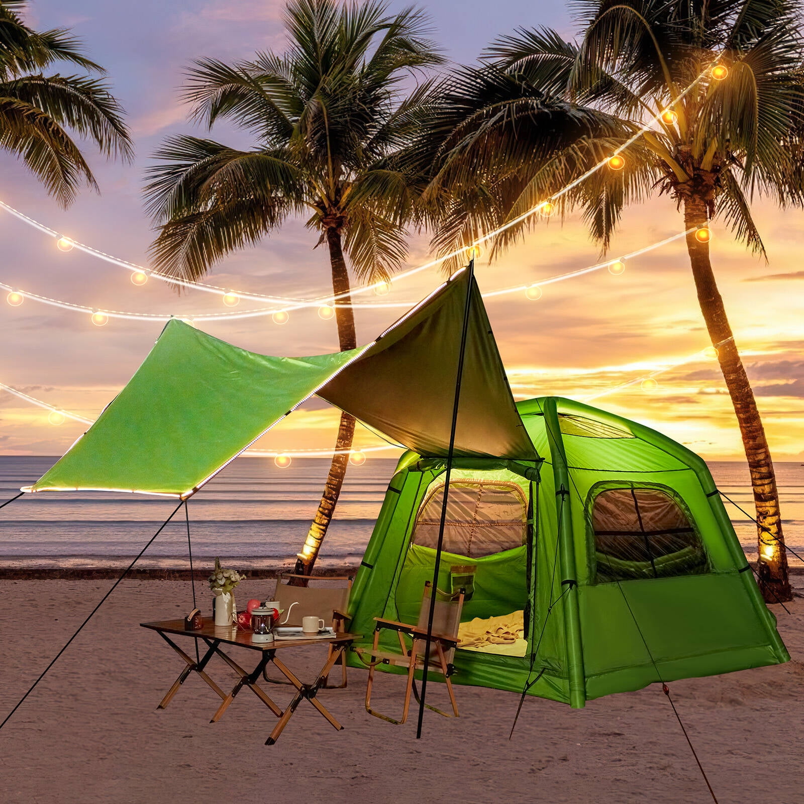 EROMMY Inflatable Camping Tent with Extended Canopy, Easy Set-up 4 Season Air Tents with Inflator for 2-4 Persons，Green