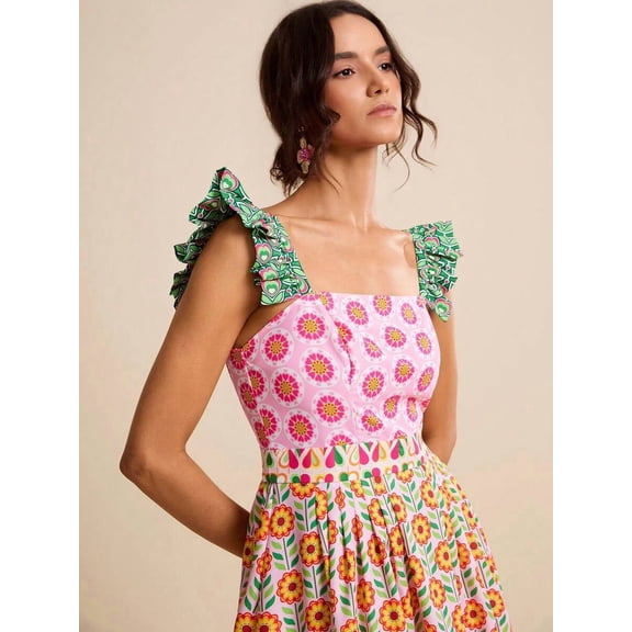 Multicolor Floral Print Square Neck Ruffle Sleeve A-Line Sundress
