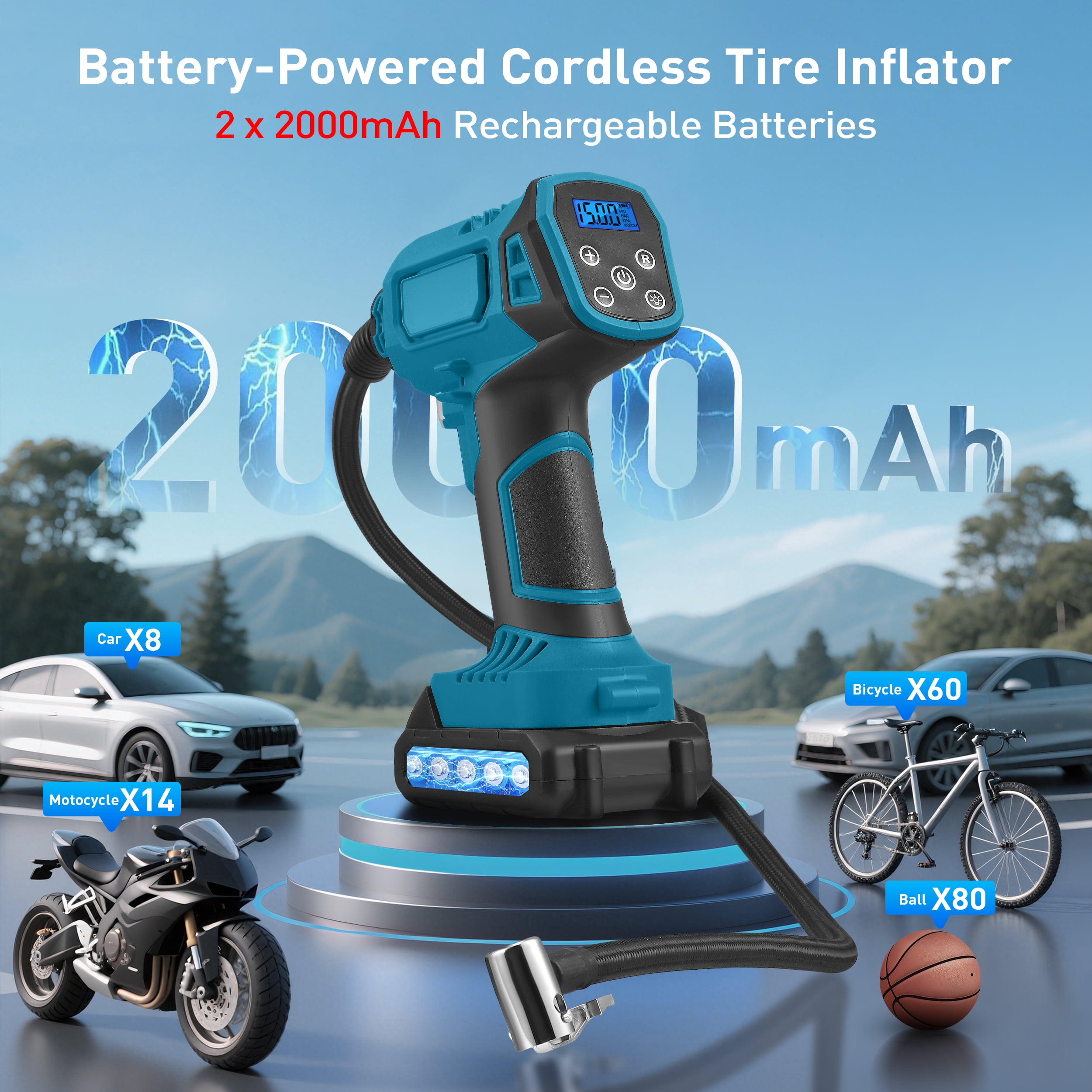 RELOIVE Tire Inflator Portable Air Compressor - 150 Psi Air Pump For Car Tires with Digital Pressure Gauge, LED Light and Auto Shut-Off Function - Cordless Pump for Car, Motorcycle, Bicycle, Balls an