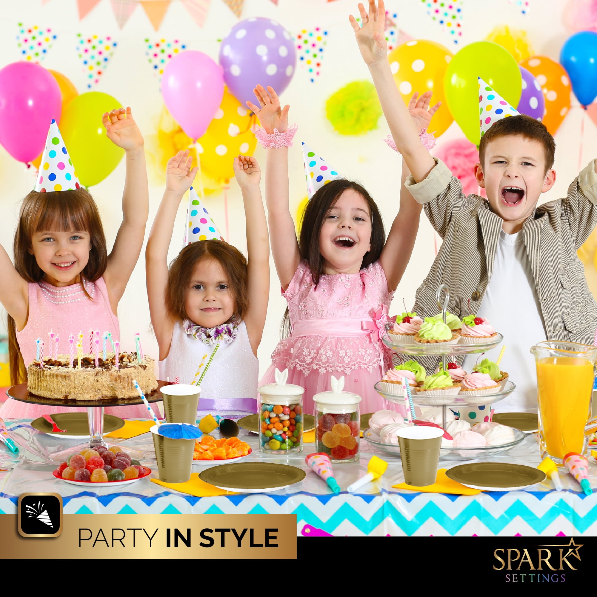 Gold Party Supplies Set Paper Plates Plastic Cups Forks Knives Spoons Napkins Tablecloth Serves 20 Guests Disposable Dinnerware Set of 222 Pieces, Complete Tableware for Party - By SparkSettings