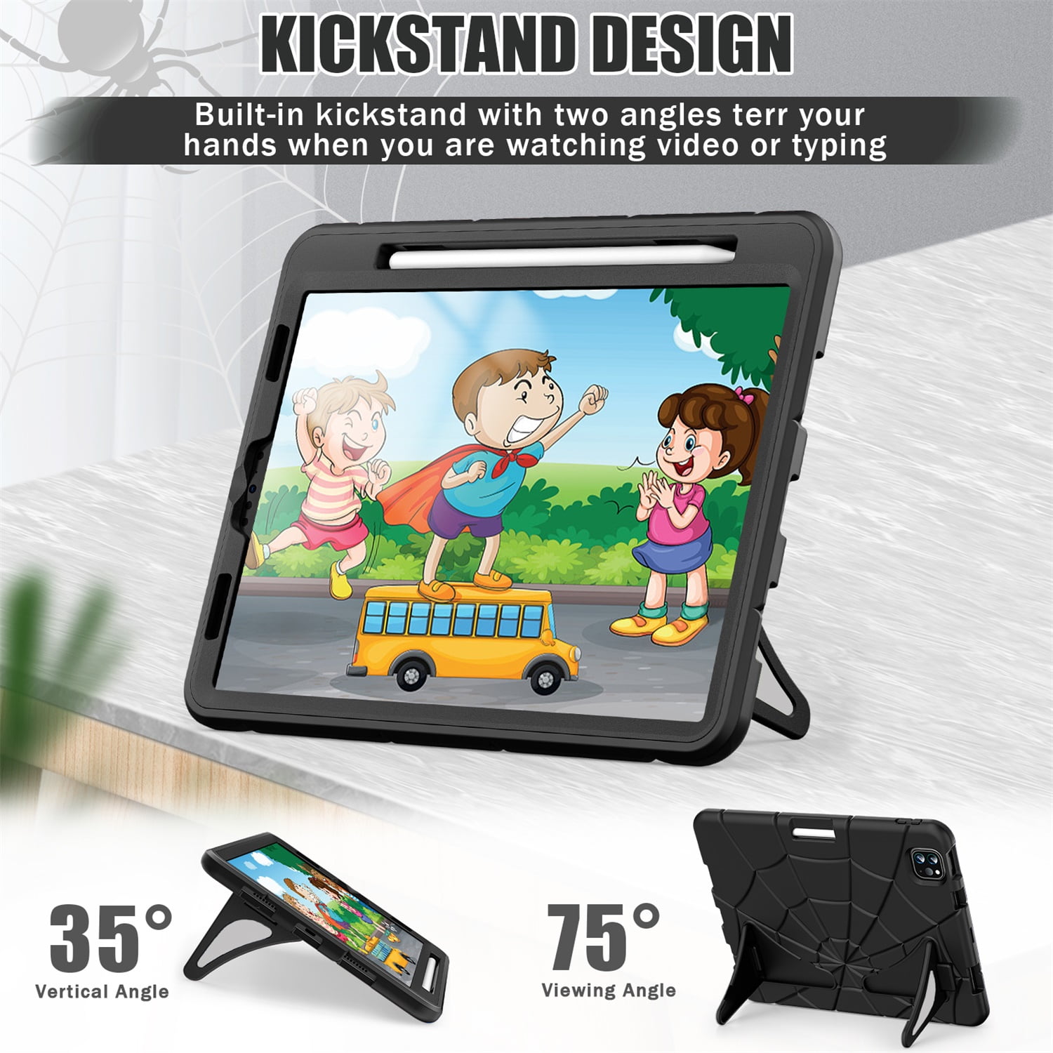 Kids Case for iPad 9th/8th/7th Generation with Pencil Holder, Lightweight Shockproof Stand Anti-Slip Rugged Silicone PC Case Cover for iPad 10.2" 2021/2020/2019 for Boys Girls, Black