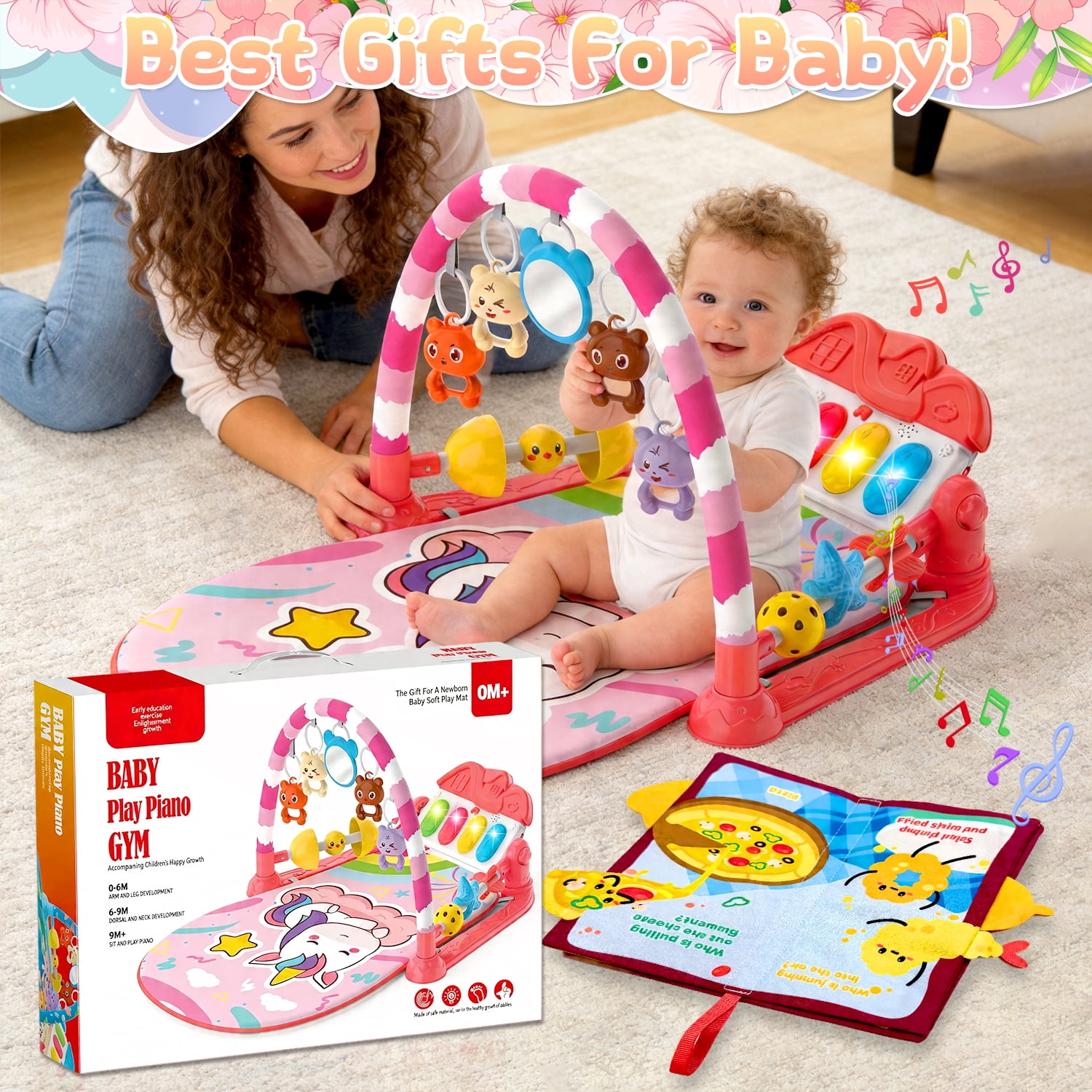 Caunedy Baby Play Mat Gym,Funny Play Piano Tummy Time Activity Mat with 5 Infant Sensory Toys,Music,Boy & Girl Gifts for Newborns 0-12 Months
