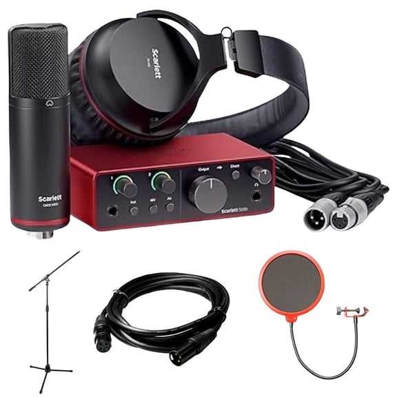 Focusrite AMS-SCARLETT-SOLO-ST Scarlett Solo Studio 4th Gen Audio Interface Bundle with Mic, Headphones   XLR Male to XLR Female Cable   Universal Pop Filter Wind Screen   Microphone Stand with Boom