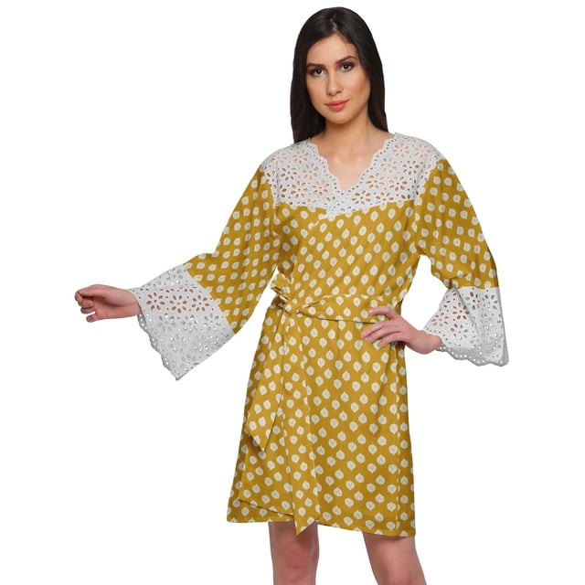 Moomaya Cotton Robe Plus Size Women Dressing Gown Printed Nightwear With Lace