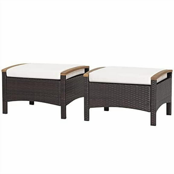 RELAX4LIFE Outdoor Wicker Ottomans for Patio - 2 Pieces PE Rattan Ottoman, Footrest Seat with Zippered Cushions, Acacia Wood Handles, 3-in-1 Footstool, Side Table for Poolside, Bac