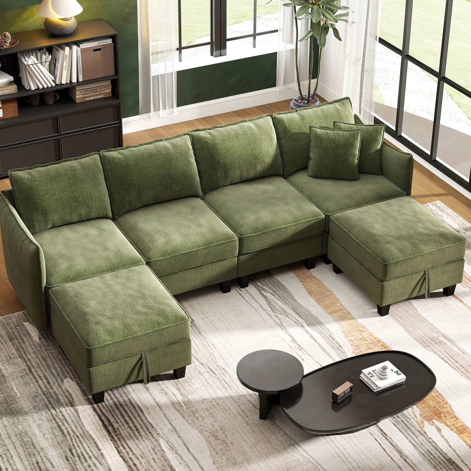 BedLuxury 112" Large Modular Sectional Sofa with 2 Movable Storage Ottoman, Cloud Couch Seats 6, Modern Living Room Furniture, Chenille Green