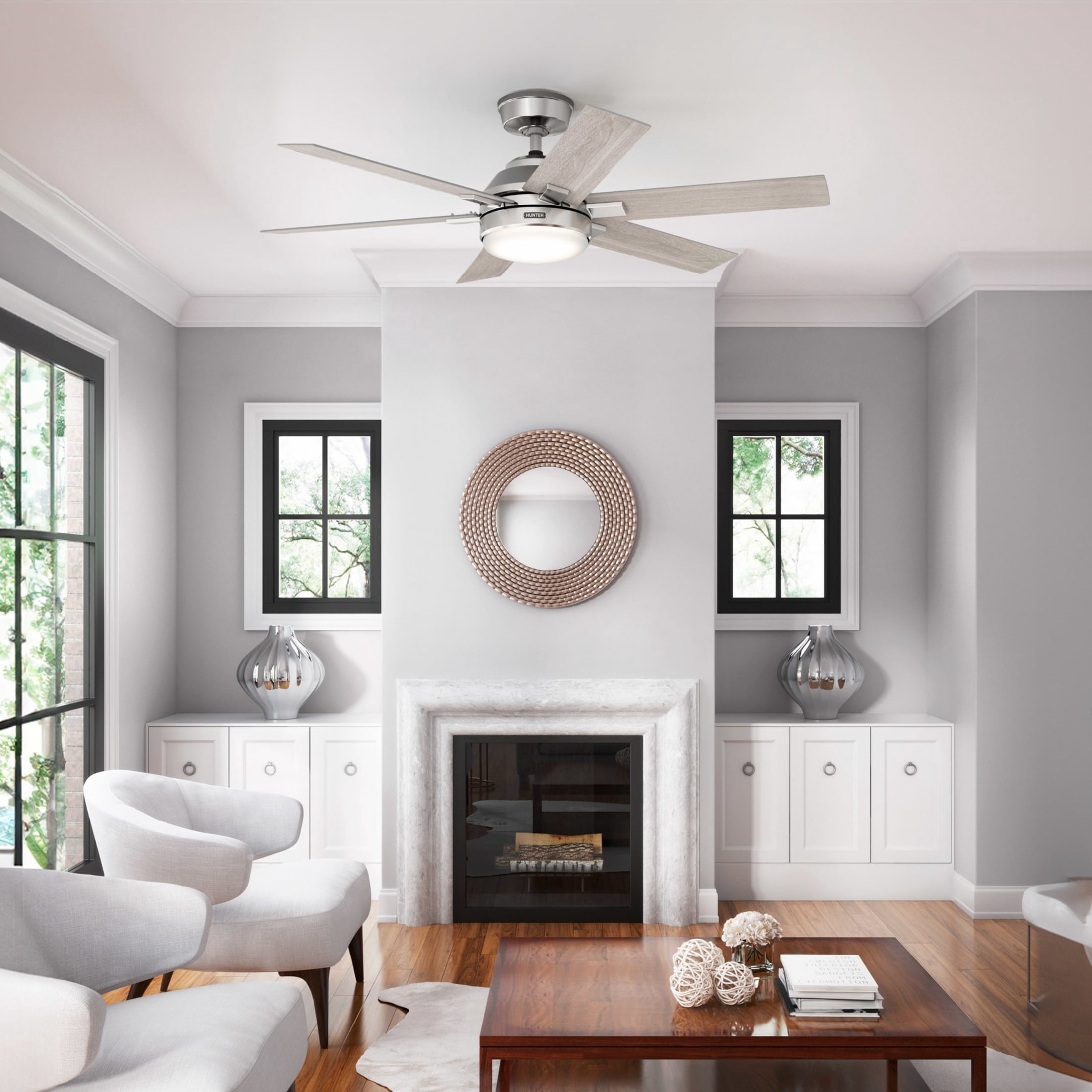 Hunter - Georgetown Indoor Ceiling Fan With Light, Remote, 52-inch, Brushed Nickel, Modern-style, 6-speed DC Motor, Quick Installation, Energy Star, 52785