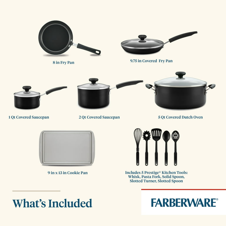 Farberware 21806 Aluminum Dishwasher Safe Non Stick 15-Piece Cookware Set; Black
