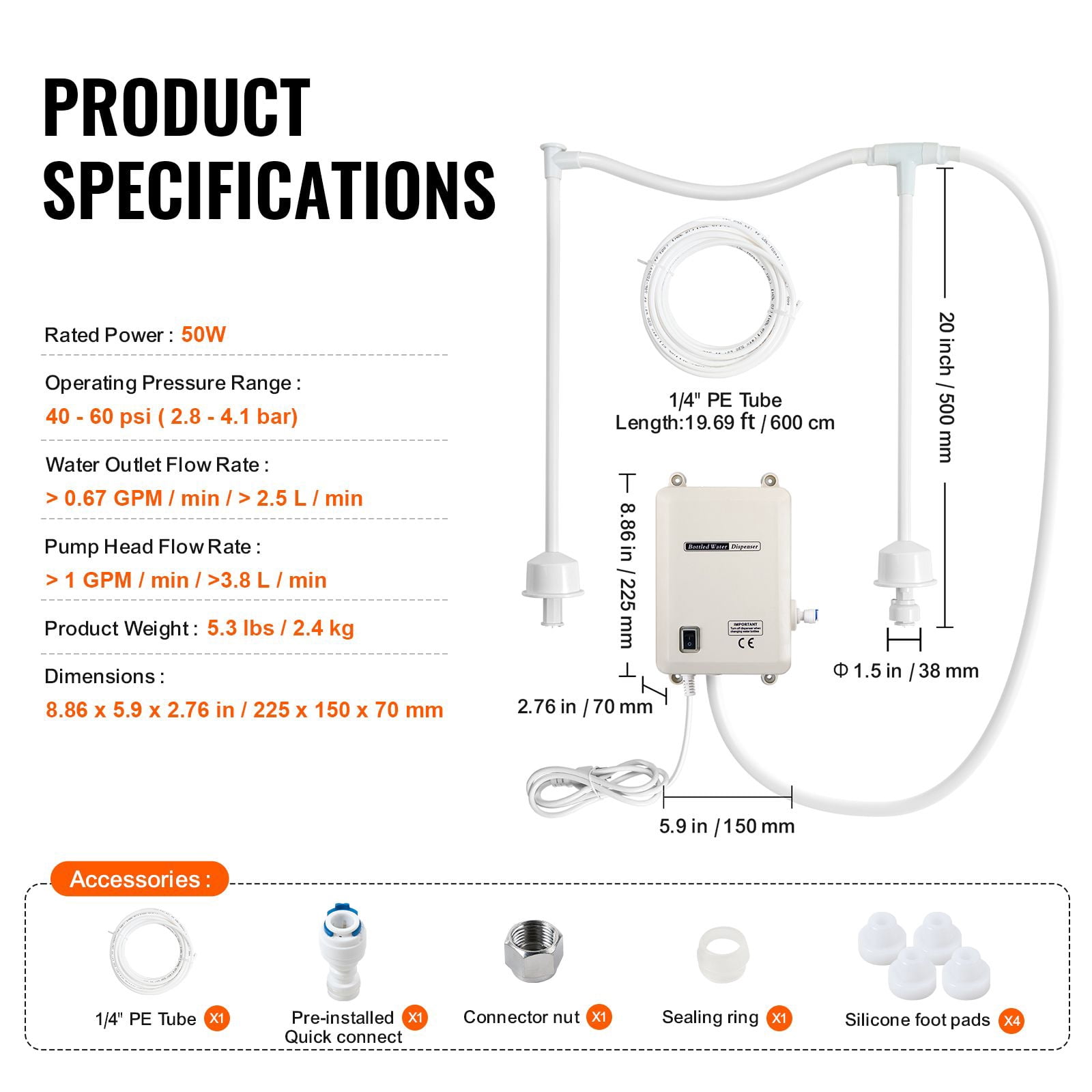 Dual-Tube Bottled Water Dispenser Pump System, 40-60 PSI, 0.67 GPM, Dual Switch Protection, Quiet Operation for 5-Gallon Water Jug