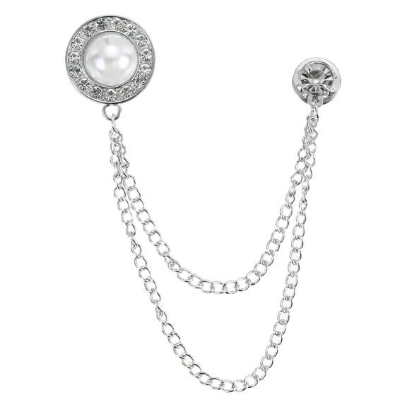 Uxcell Gem Chain Brooch Pins, Hanging Chain Brooch Suit Pin Tassel Round Pearl Badge Lapel Collar Pins for Women Men Shirts Tuxedo Scarf, Silver Tone(White)
