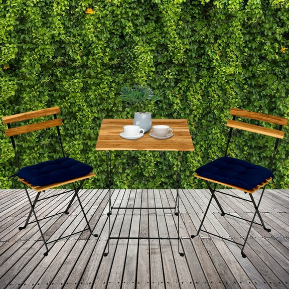 Clearance! Outdoor 3 Piece Folding Chair and Table Set, Solid Teak Wood Bistro Set with Waterproof Navy Cushion, Powder Coating Frame, Patio Furniture Sets Small Bistro Set for Garden Porch, J2887