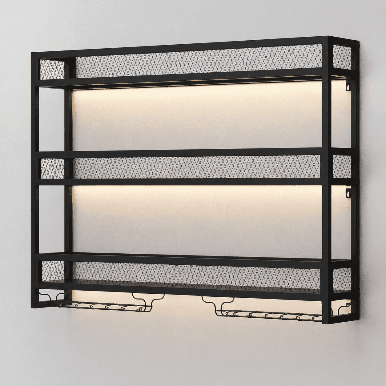 Wine Rack Wall Mounted with LED Light Bar Liquor Shelf Black 100cm | Metal 3-Tiers Wine Glass Holder Industrial Liquor Bottle Display Storage Shelf for Home Bar Dining Room