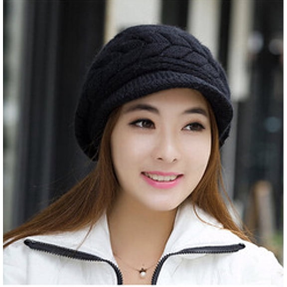 Roll Up Women's Girls Cute Fall Winter Cozy Earflap Knitted Ski Cap Beret Newsboy Beanie Hat Visor (Black_1)
