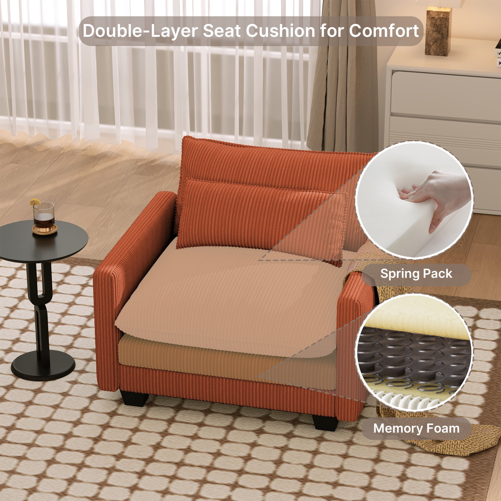 Cloud Corduroy Accent Chair, Deep Memory Foam Seat with Washable Zipper Cover & Arm Pillow, Modern Leisure Single Sofa for Living Room Bedroom Balcony, Orange