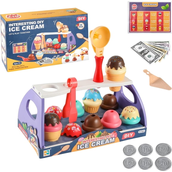 39pcs Pajojoqa Ice Cream Toys for Kids Ice Cream Counter Cupcake Playset Toddler Scoop Dessert Kitchen Food with Menu Fake Money Coin Pretend Food Toys Interactive Playset