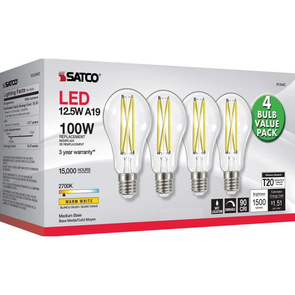 Satco Nuvo 100W Equivalent Warm White A19 Medium Clear LED Light Bulb (4-Pack)