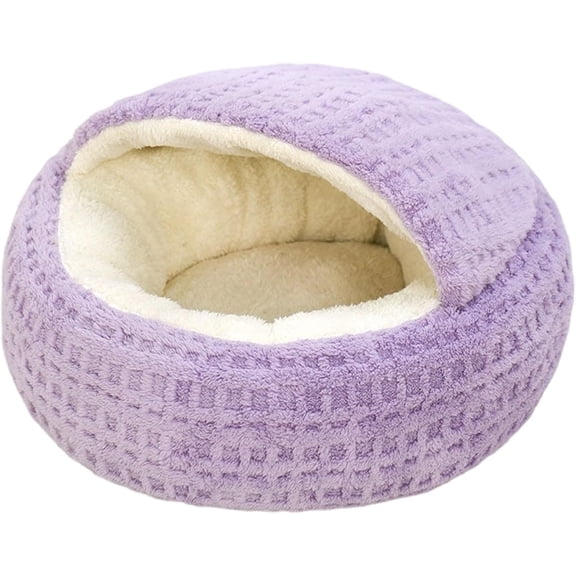 Semi-Enclosed Shell Shaped Pet Bed, Plush Cat Cave for Anxiety Relief, Cozy Warming Nest with Anti-Slip Bottom, Machine Washable Small Dog Bed for Puppy & Kitten, Purple Medium(DSF)
