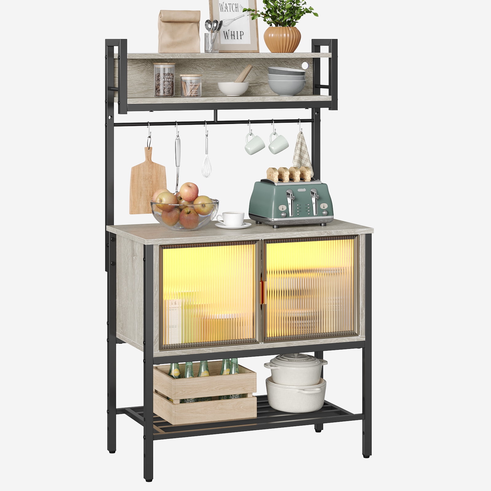 Bestier 59" Coffee Bar Station with Cabinets,  5-Tier Microwave Stand with Storage & LED Lights, Kitchen Bakers Rack in Grey