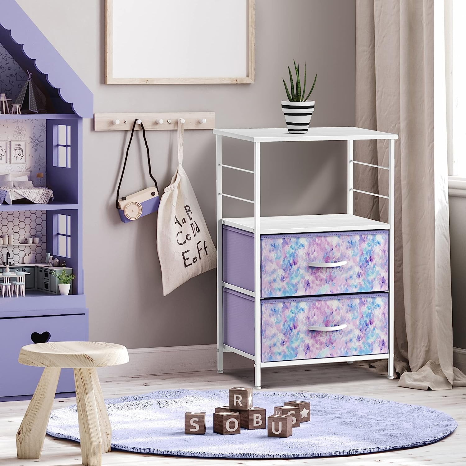 Sorbus 2-Drawer Nightstand with Fabric Drawer, Steel Frame and Open Shelf, Tie-Dye Purple