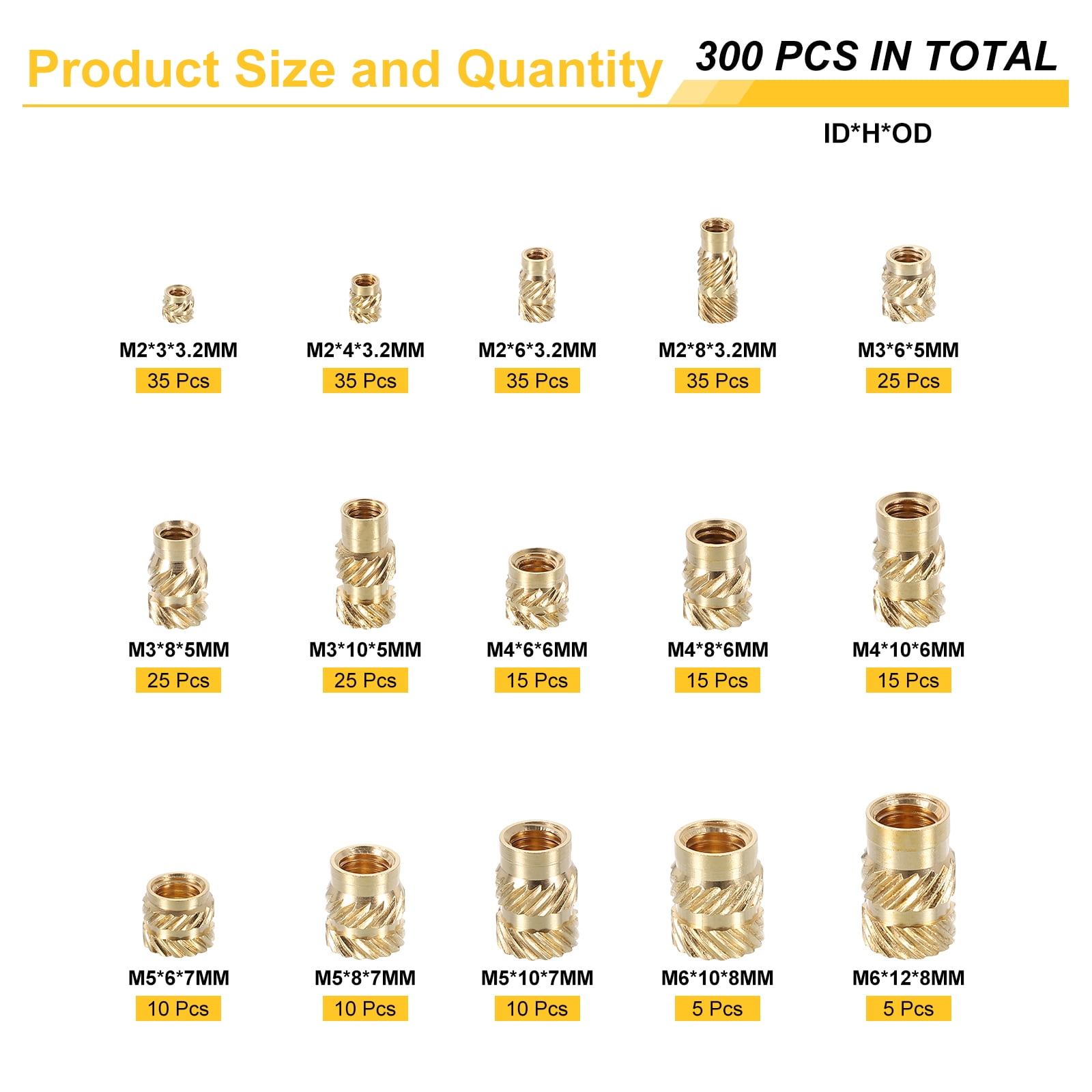 Uxcell 300pcs M2 M3 M4 M5 M6 Metric Threaded Inserts Brass Heat Set Insert Knurled Nuts Assortment Kit, 3D Printing Brass Nuts Female Threaded Inserts Nuts with Heat Set Insert Tips
